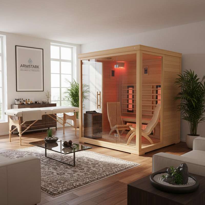 Armstark Infrarotkabine Innenraum mit Carbon-Strahlern und Hemlock-Holz
