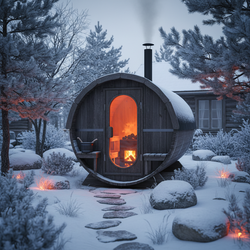 Fasssauna mit Holzofen im Wintergarten — Rauch aus dem Schornstein, warmes Licht