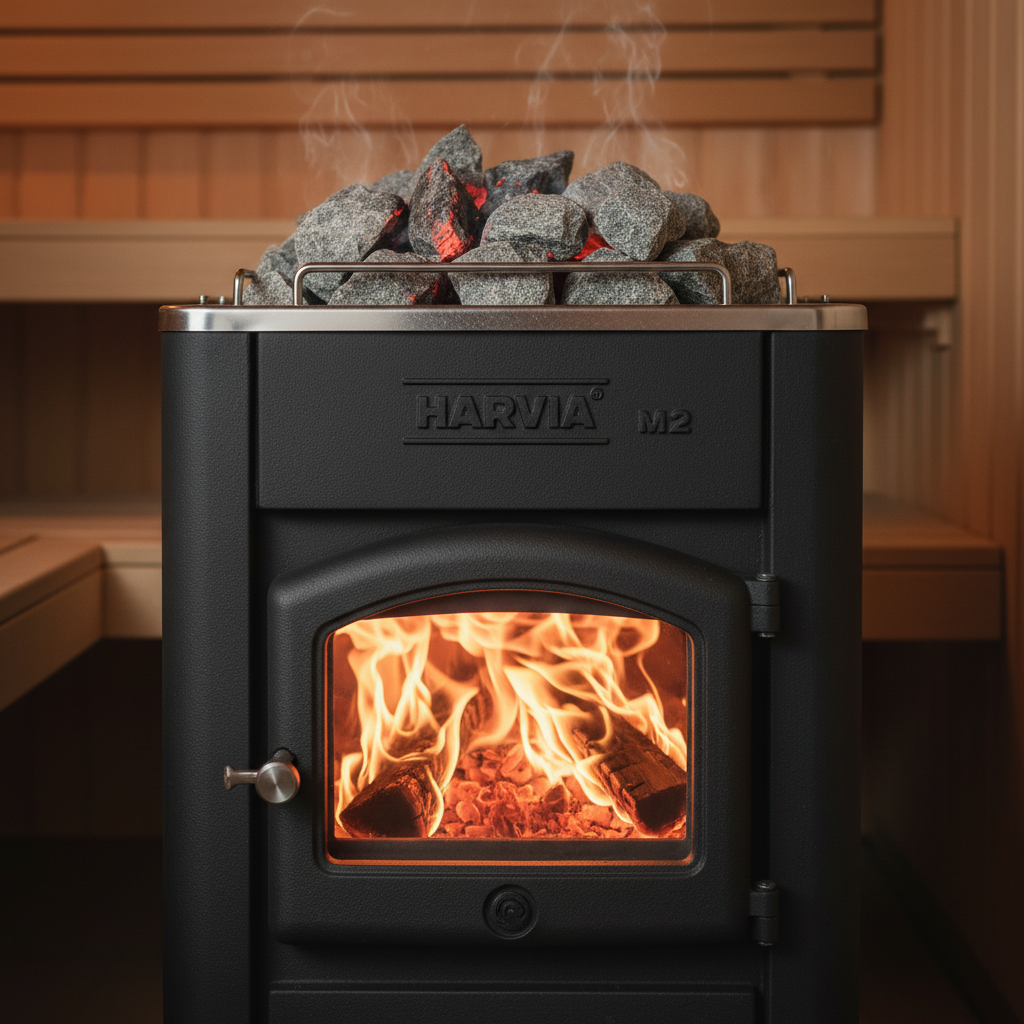 Harvia Holzofen für Fasssauna — Gusseisen, Saunasteine, Feuer