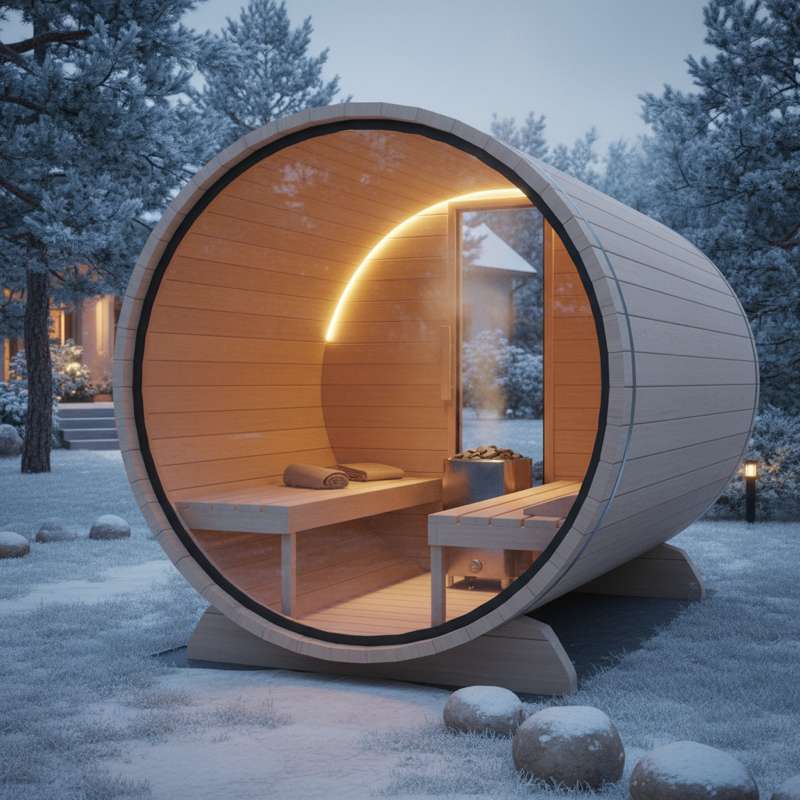 Karibu Fasssauna Fass 3 im Garten — Panoramafront, nordische Fichte