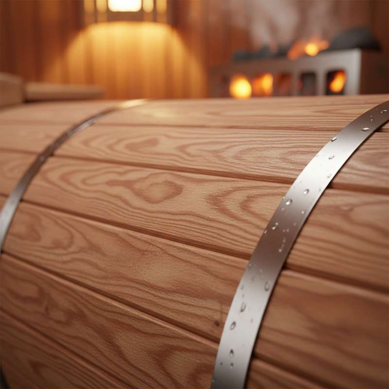 Nordische Fichte Detailaufnahme — Holzmaserung und Edelstahl-Spannbänder der Karibu Fasssauna