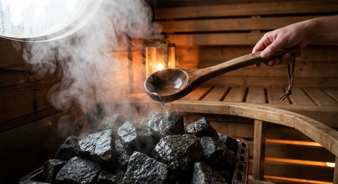 Dampf steigt von heißen Saunasteinen beim Aufguss in einer Fasssauna