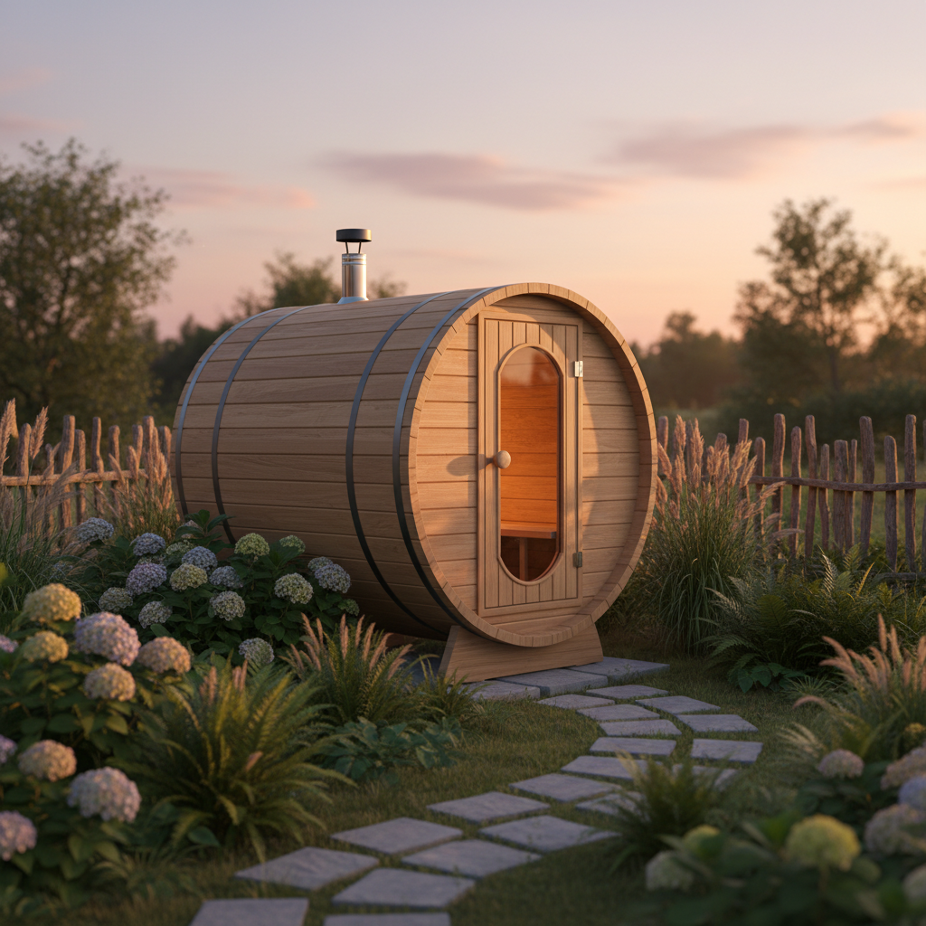 Selbstgebaute Fasssauna im Garten