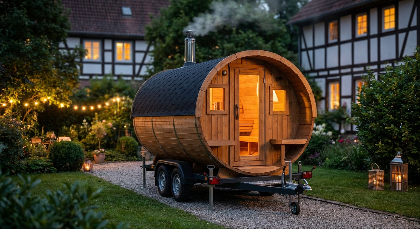 Fasswohl Fasssauna auf Anhänger, mobil einsetzbar