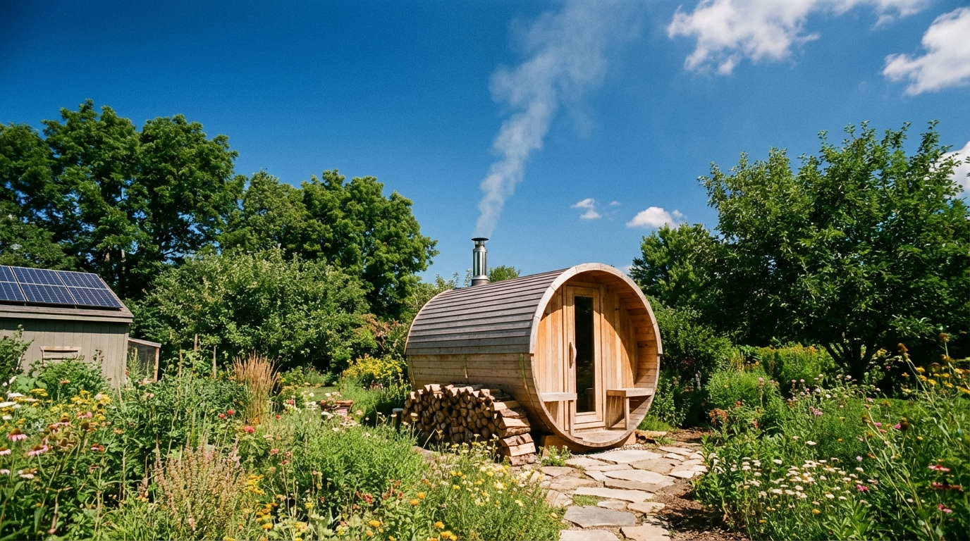 Holzofen-Fasssauna im Garten mit sauberem Rauch
