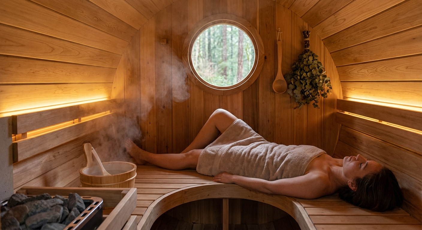 Entspannte Person in einer Fasssauna, Wellness-Atmosphäre