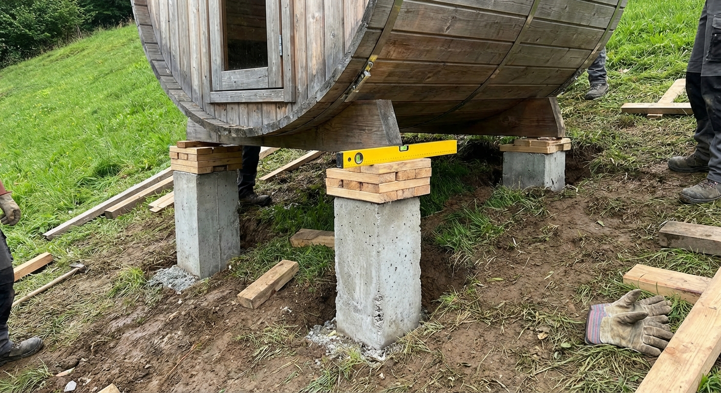 Punktfundament auf einem Hang mit Höhenausgleich für eine Fasssauna