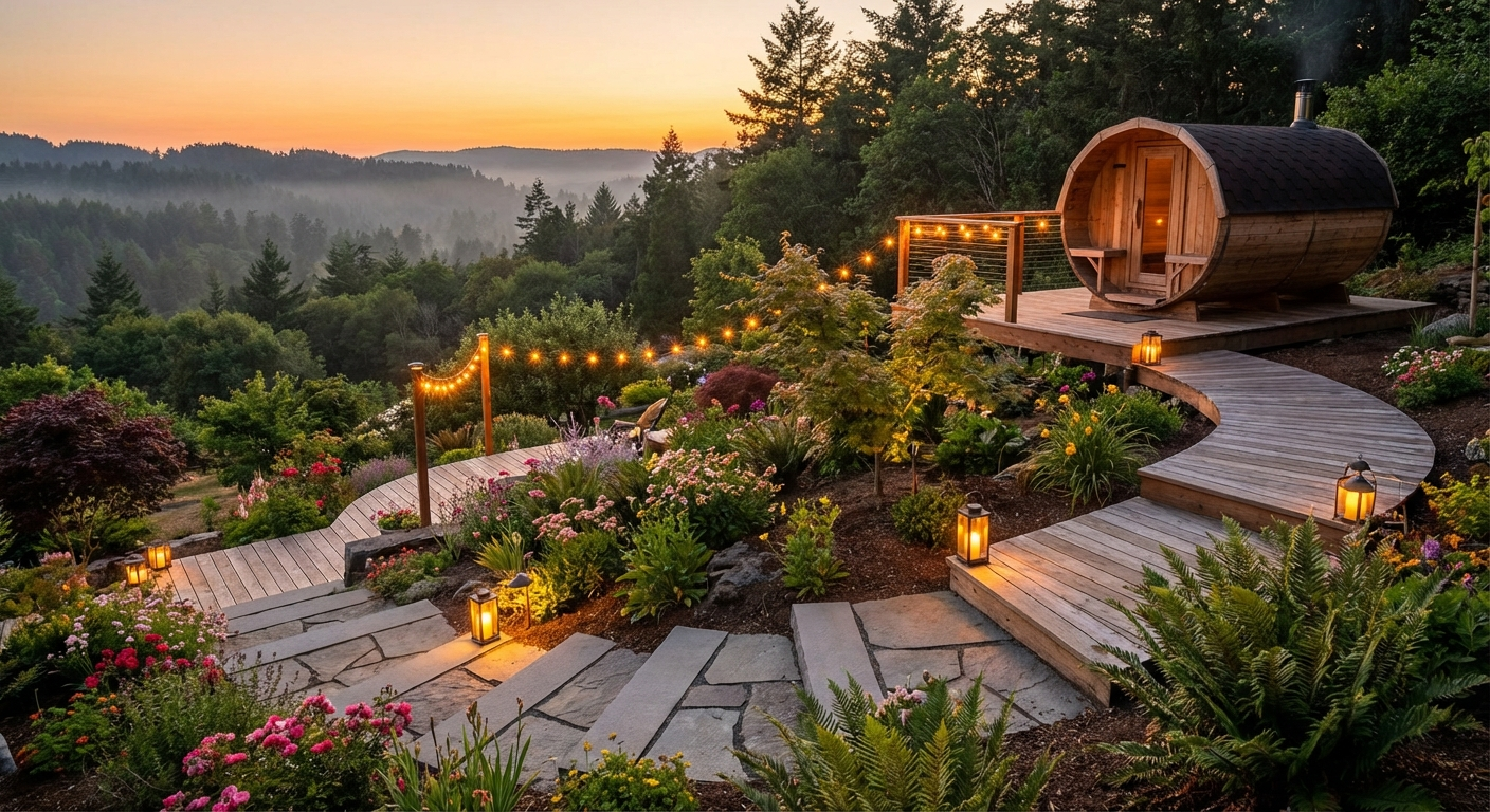 Fasssauna auf einem Holzpodest am Hang mit Abendbeleuchtung und Talblick