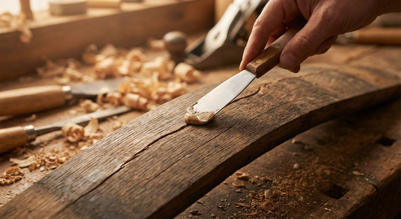 Nahaufnahme eines Trocknungsrisses in einer Fasssauna-Daube