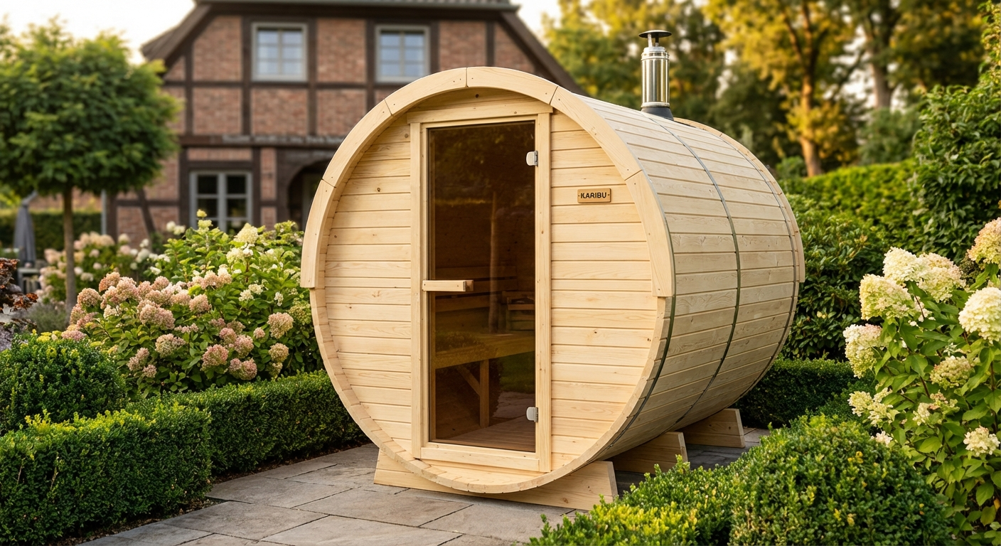 Karibu Fasssauna im Garten