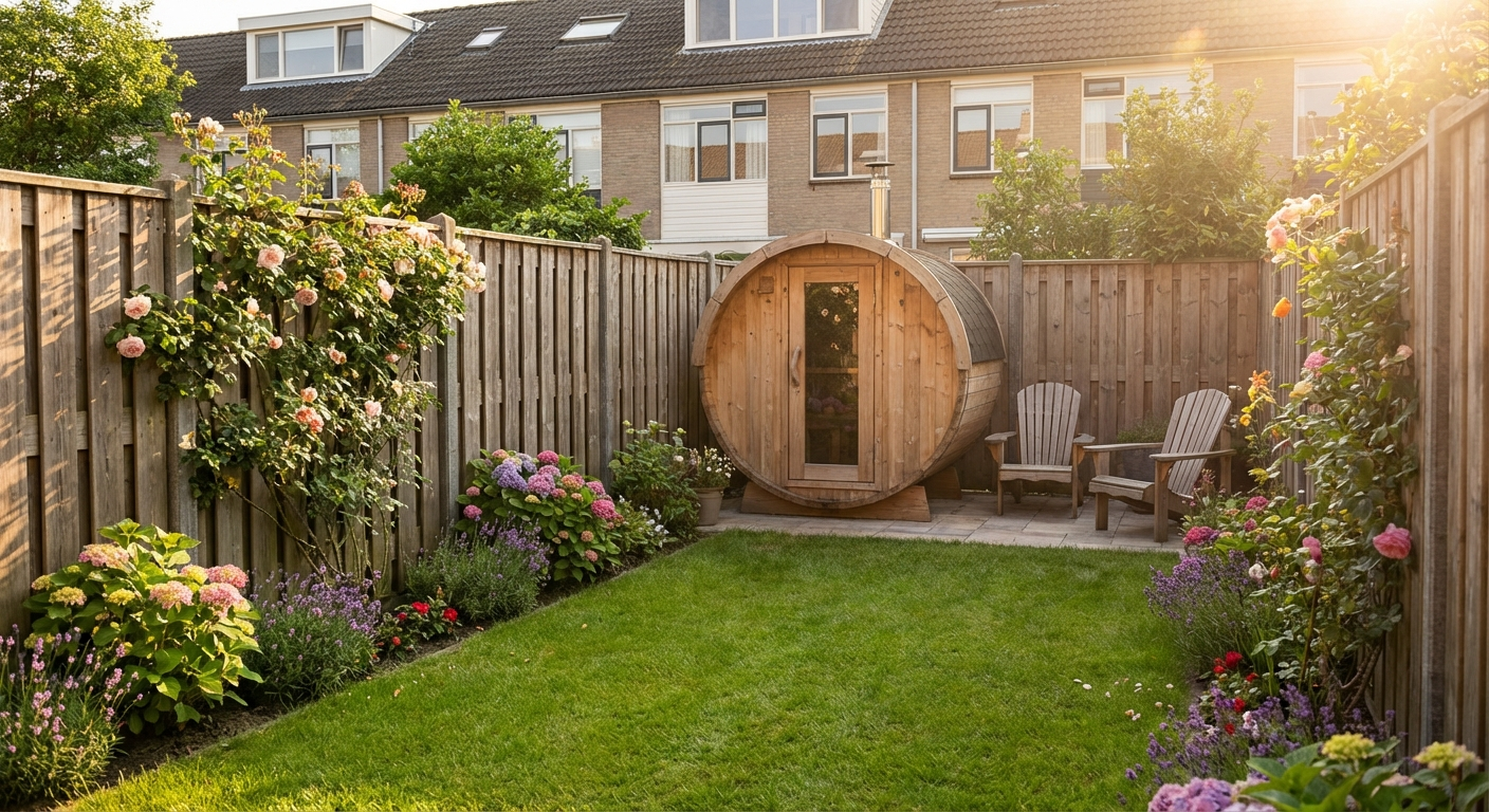 Kompakte Fasssauna in einem kleinen, gepflegten Reihenhausgarten