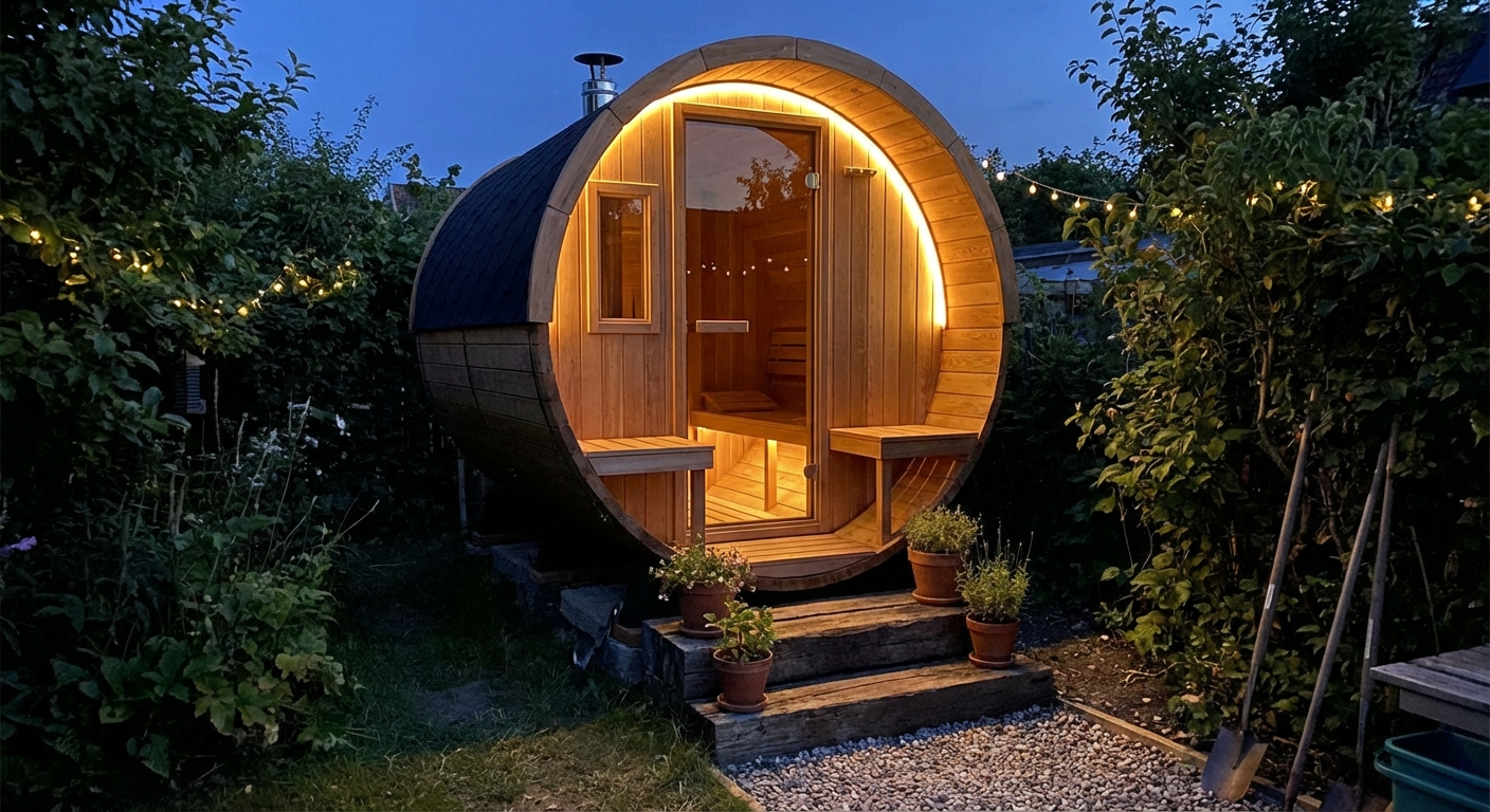 Mini-Fasssauna für 2 Personen mit warmem LED-Licht am Abend