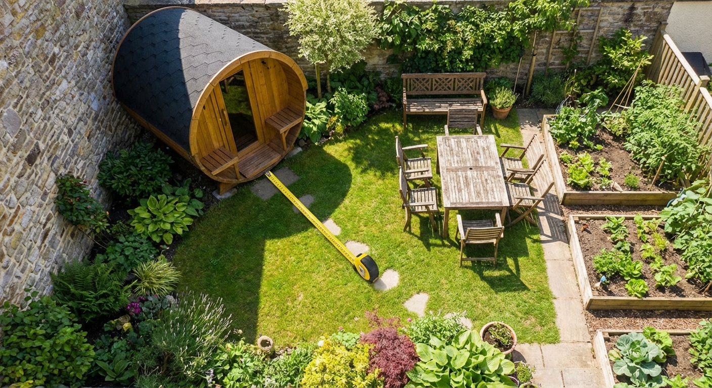Vogelperspektive auf einen kleinen Garten mit Fasssauna in der Ecke