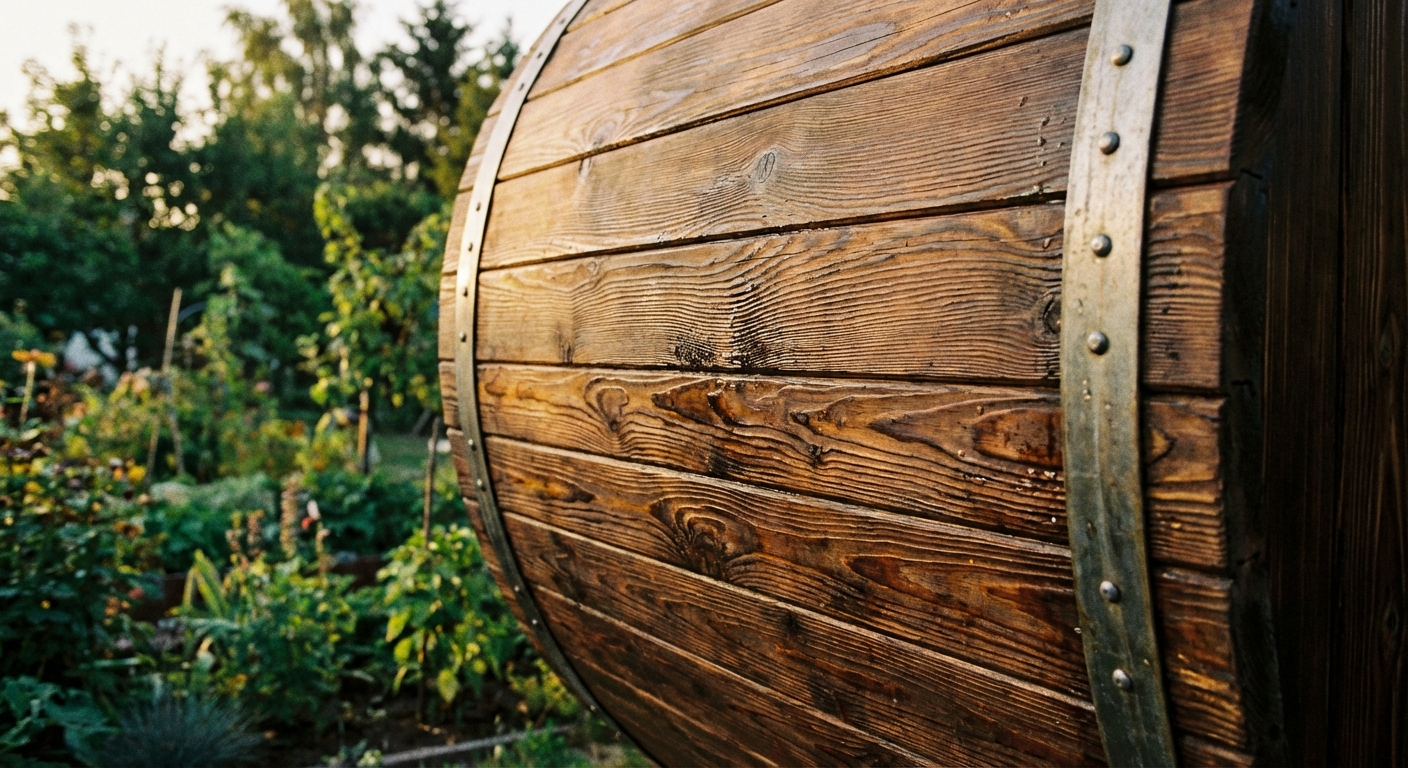 Fasssauna aus dunkelbrauner Thermokiefer mit charakteristischer Maserung