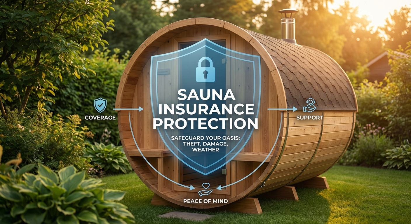 Fasssauna im Garten mit Schutzschild-Symbol als Overlay