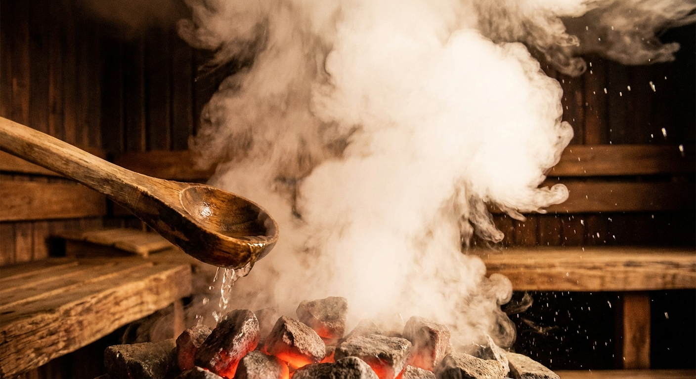 Wooden ladle pouring water over hot sauna stones