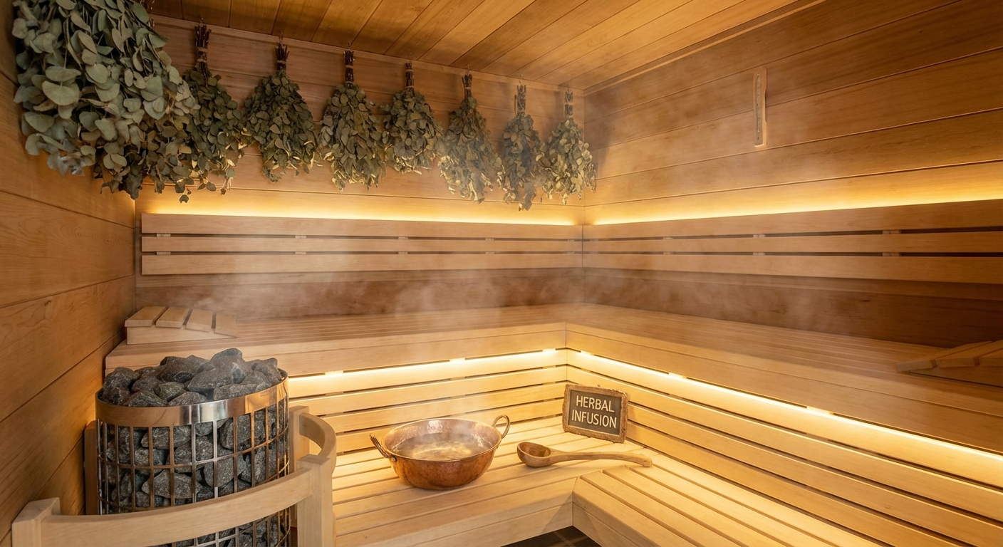 Bio-Sauna Innenraum mit Kräuter-Infusion, sanftem Licht und Eukalyptuszweigen