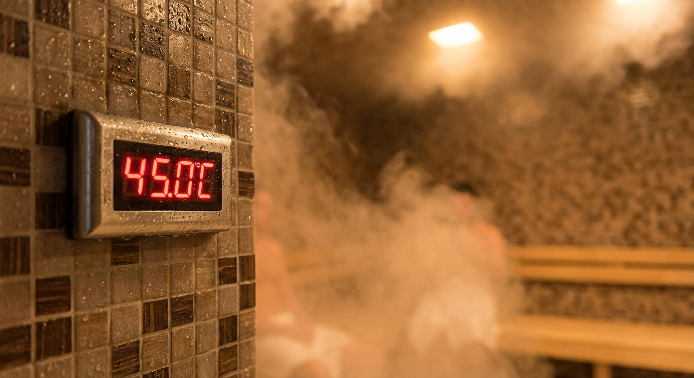 Digitales Thermometer zeigt 45°C in einem dampferfüllten Raum mit gefliesten Wänden