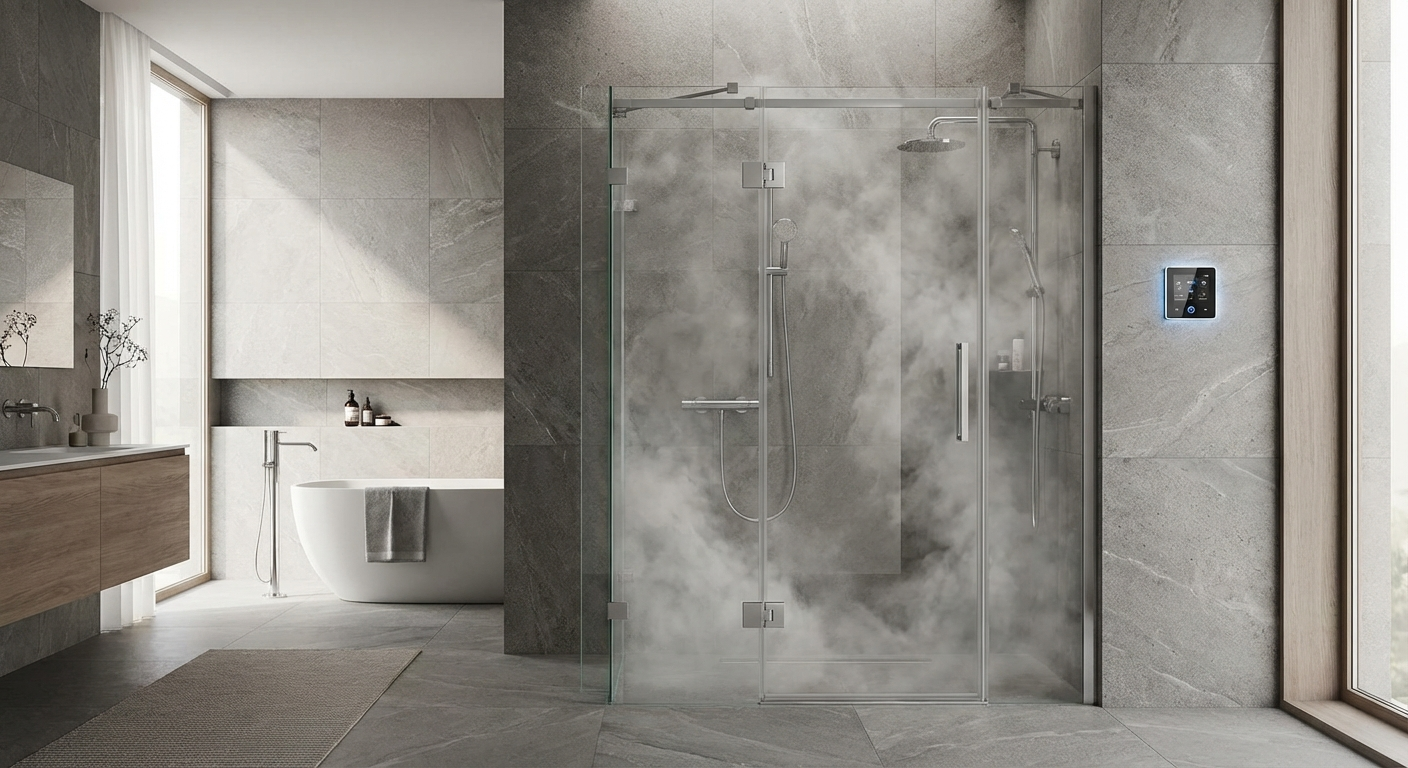 Moderne Dampfdusche mit Glaswänden und digitalem Bedienfeld