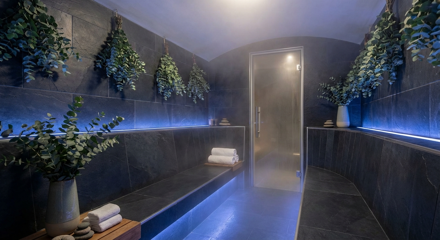 Modernes Dampfbad mit gefliesten Wänden und stimmungsvoller Beleuchtung