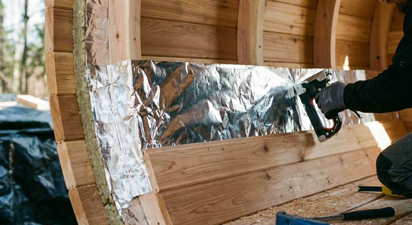 Installing vapor barrier foil inside barrel sauna wall