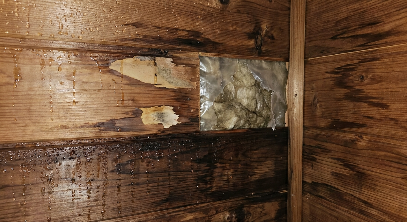 Condensation droplets on sauna interior wall without proper vapor barrier