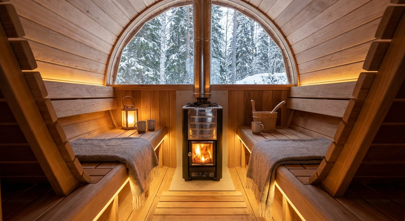 Interior of small 2-person barrel sauna