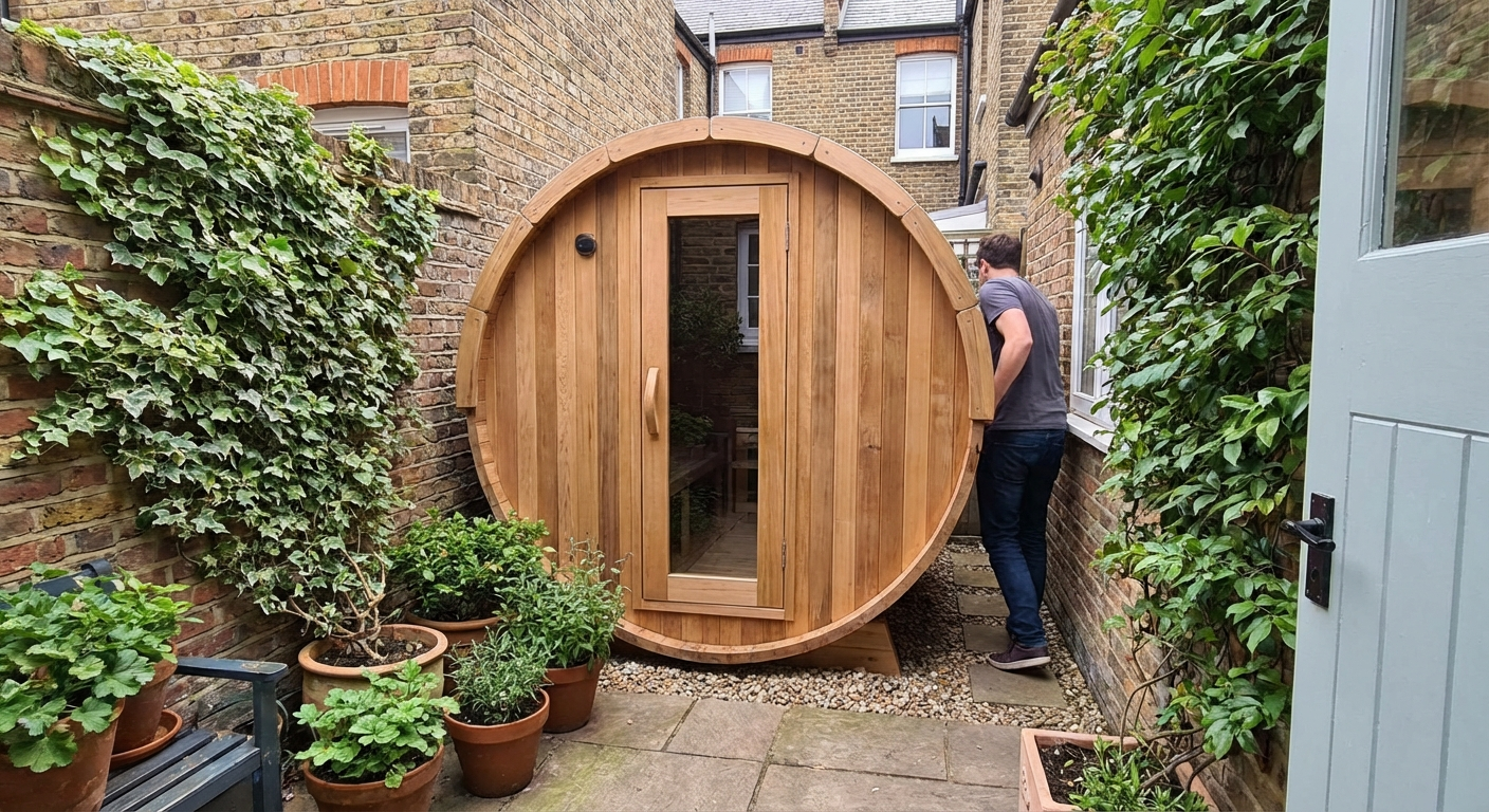 Compact 2-person barrel sauna in small urban garden