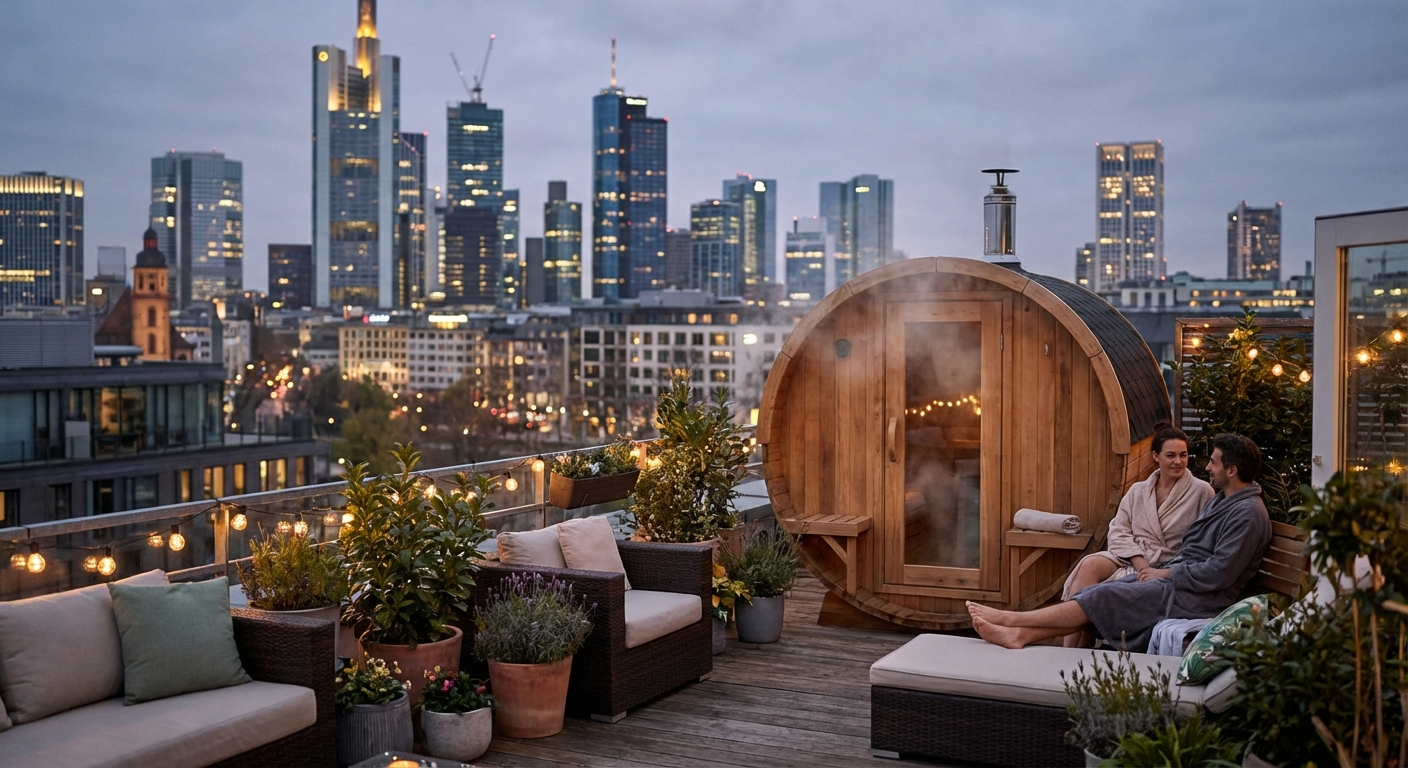 Small barrel sauna on apartment rooftop terrace