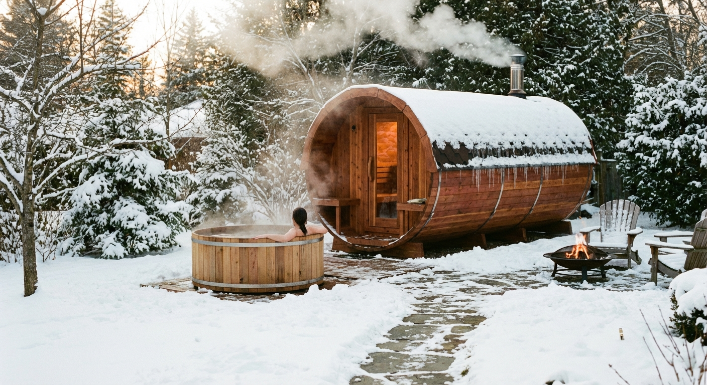 Tauchbecken neben einer Fasssauna im Winter