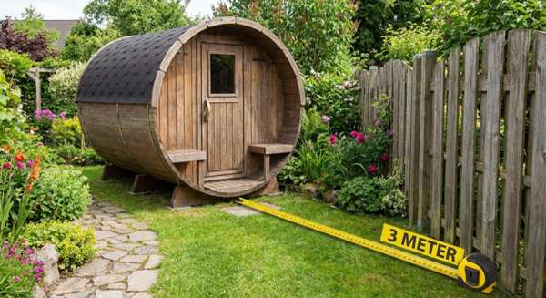 Barrel sauna positioned in garden showing 3-meter distance to fence