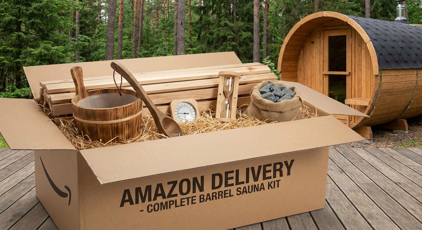 Artsauna Fasssauna Lieferung mit Zubehör-Set Sanduhr Eimer Thermometer