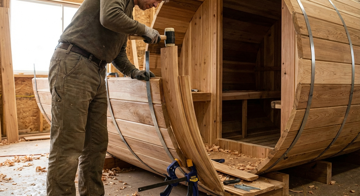 Barrel sauna staves being assembled