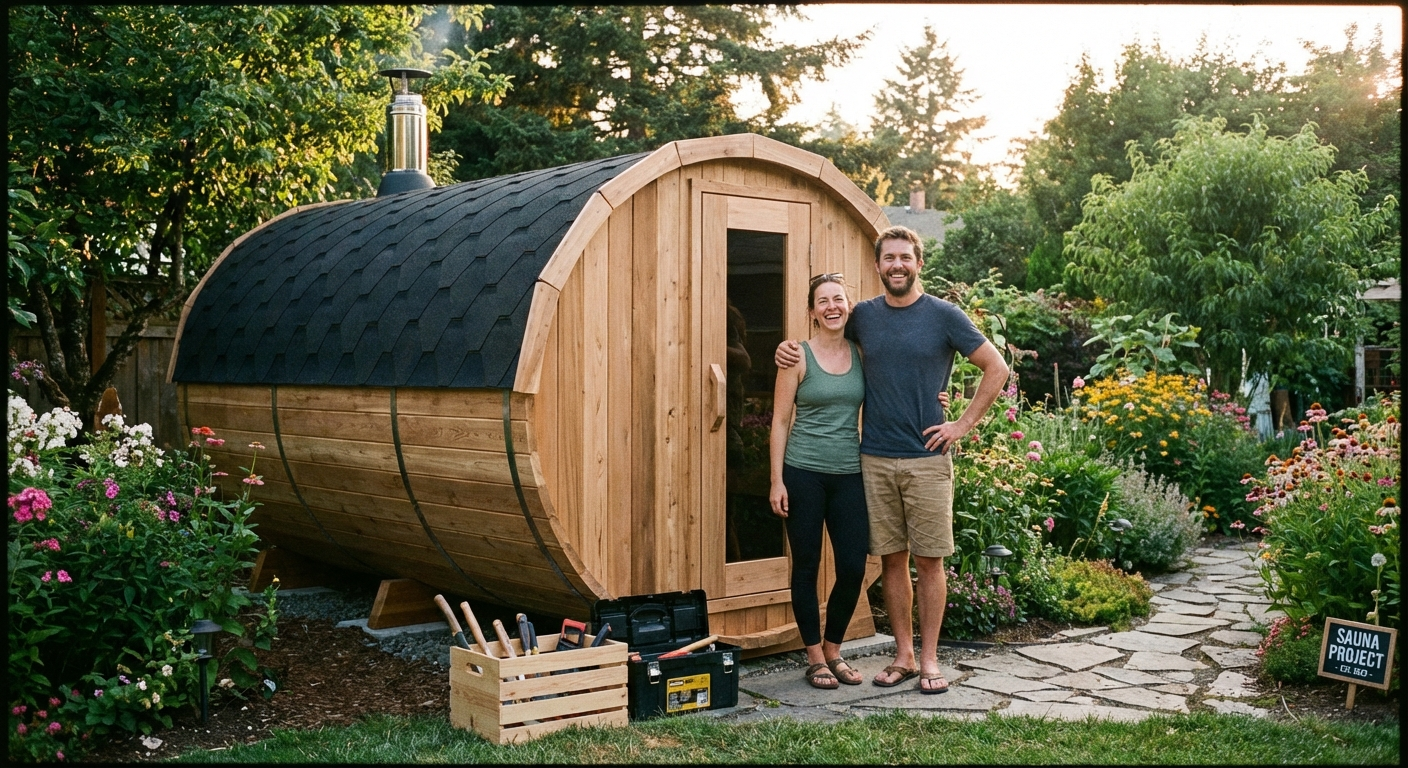 Completed barrel sauna assembly