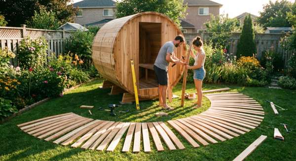 Fasssauna Aufbau im Garten — zwei Personen montieren die Dauben