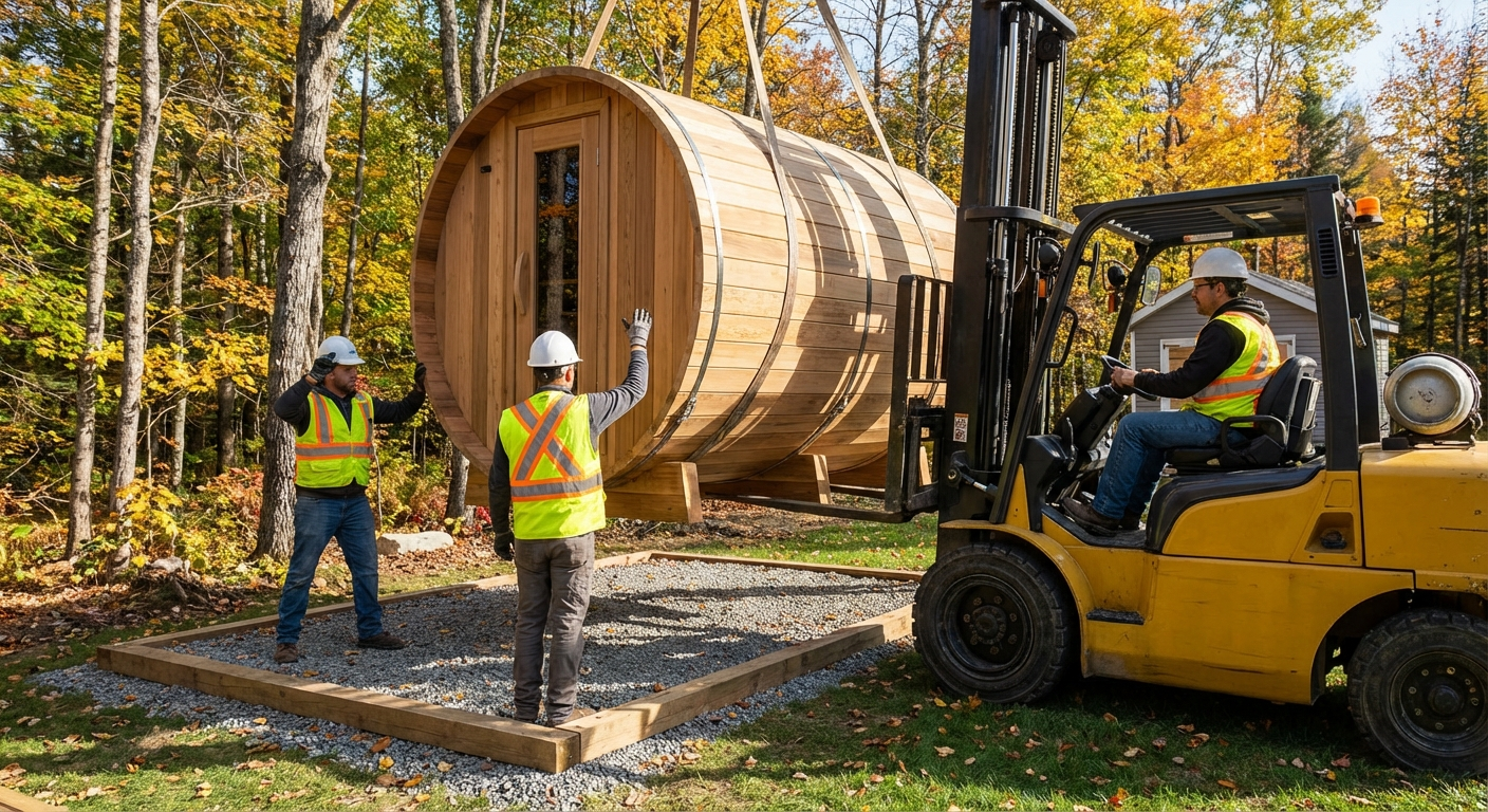 Barrel sauna being placed on prepared foundation with forklift