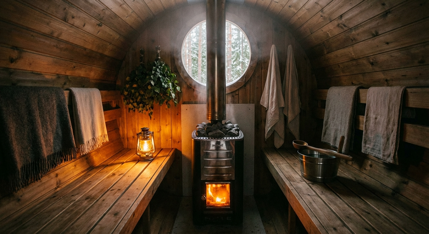 Innenraum einer baltischen Fasssauna von Baltresto