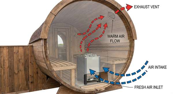 Cross-section diagram style photo of barrel sauna ventilation