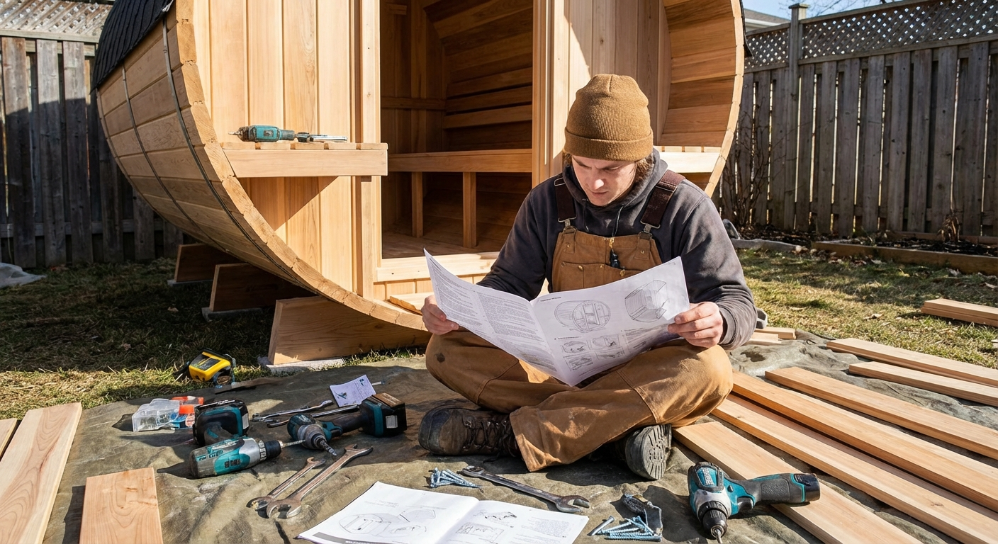 DIY barrel sauna assembly in progress