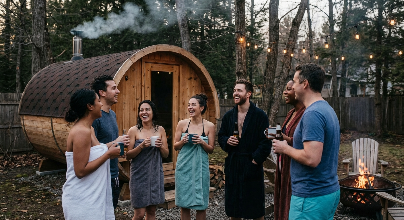 Group of friends gathered around barrel sauna