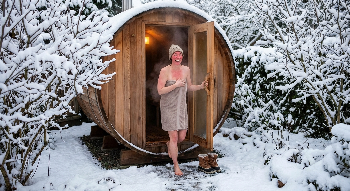 Person enjoying barrel sauna in winter