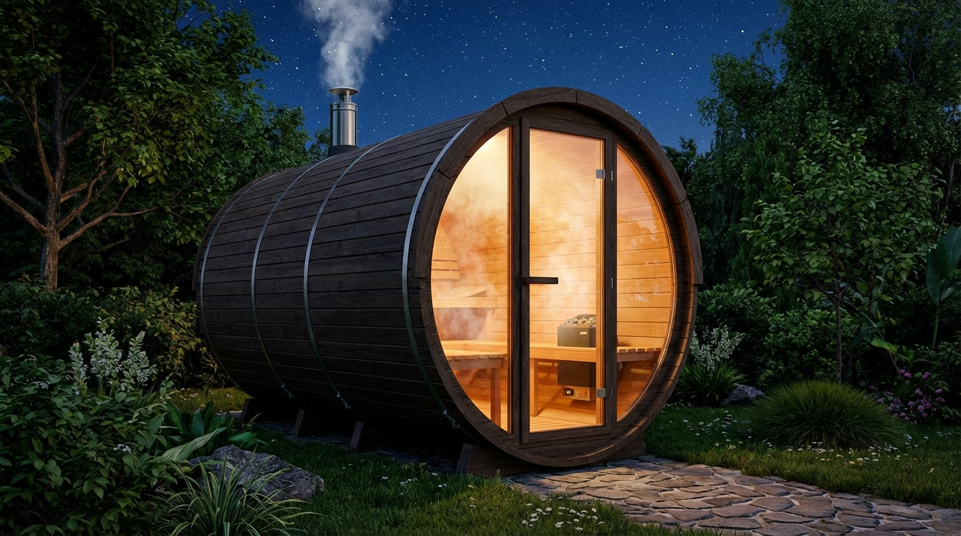 Finnwerk Fasssauna Panorama mit Glasfront am Abend