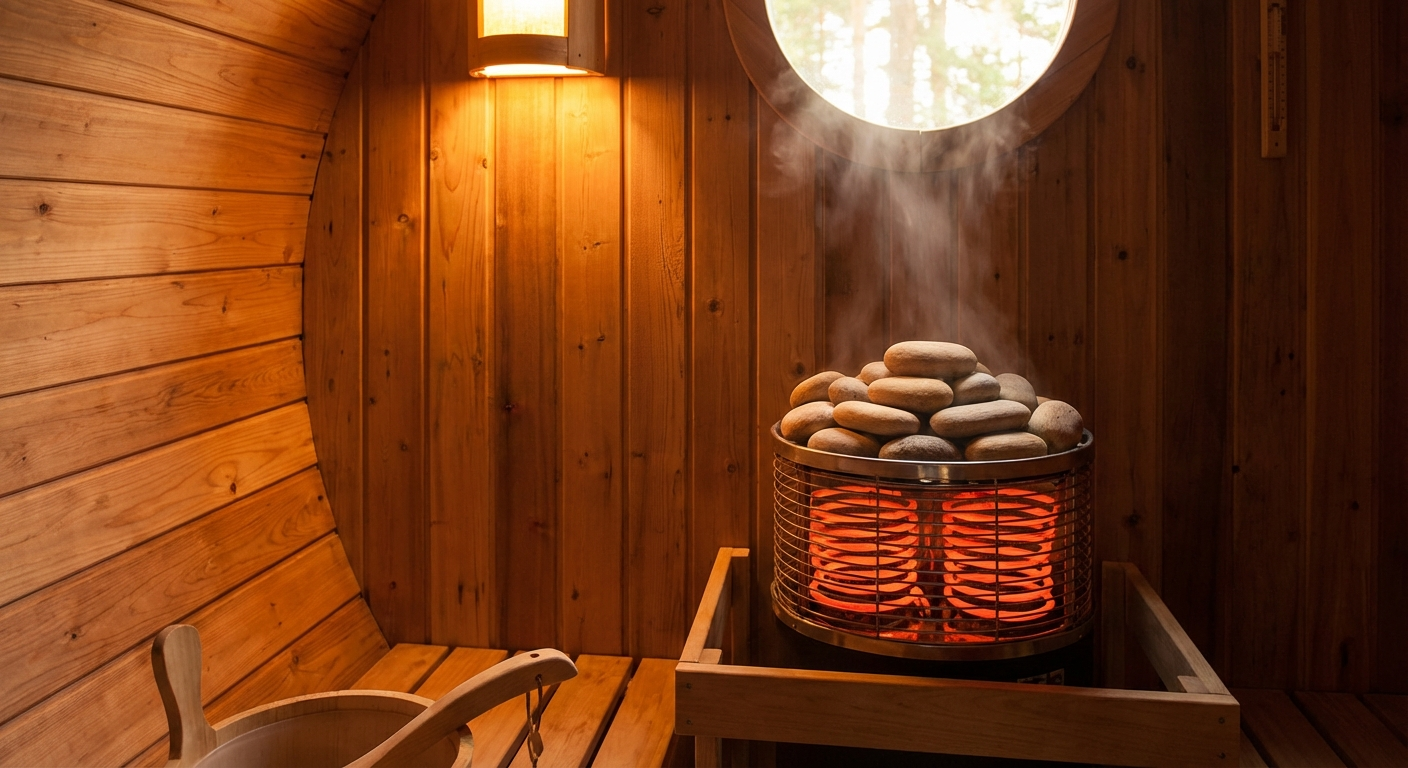 Elektrischer Saunaofen in einer Finnwerk Fasssauna