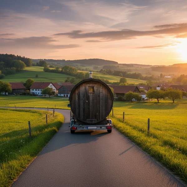Transport einer gebrauchten Fasssauna auf einem Anhänger