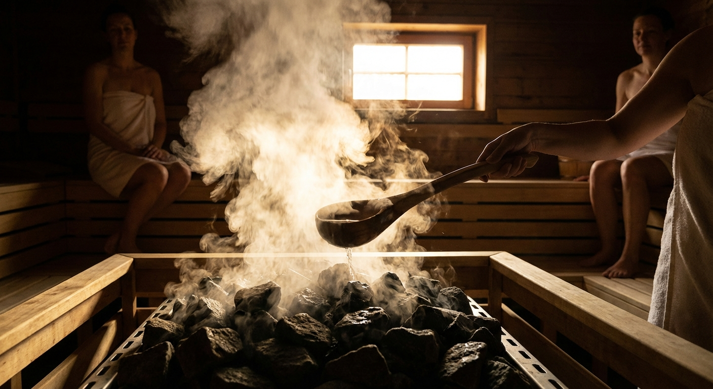 Steam rising from sauna stones after water splash