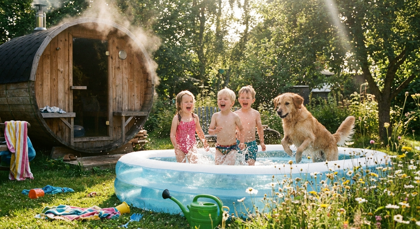 Children splashing in kiddie pool next to barrel sauna