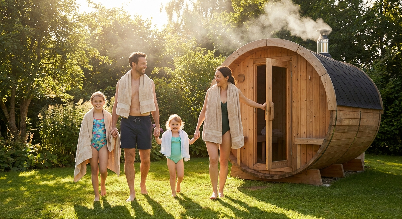 Happy family entering barrel sauna together