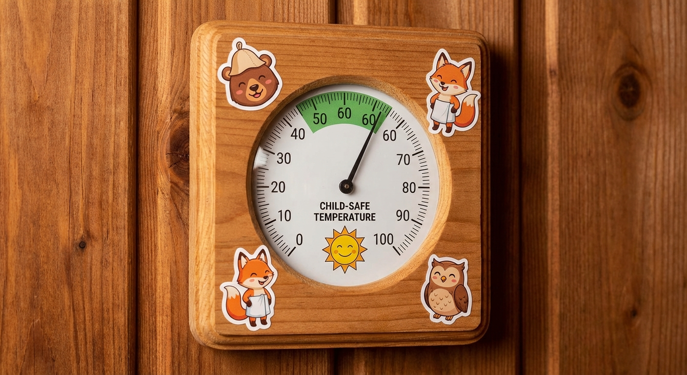 Sauna thermometer showing 60°C (child-safe temperature)
