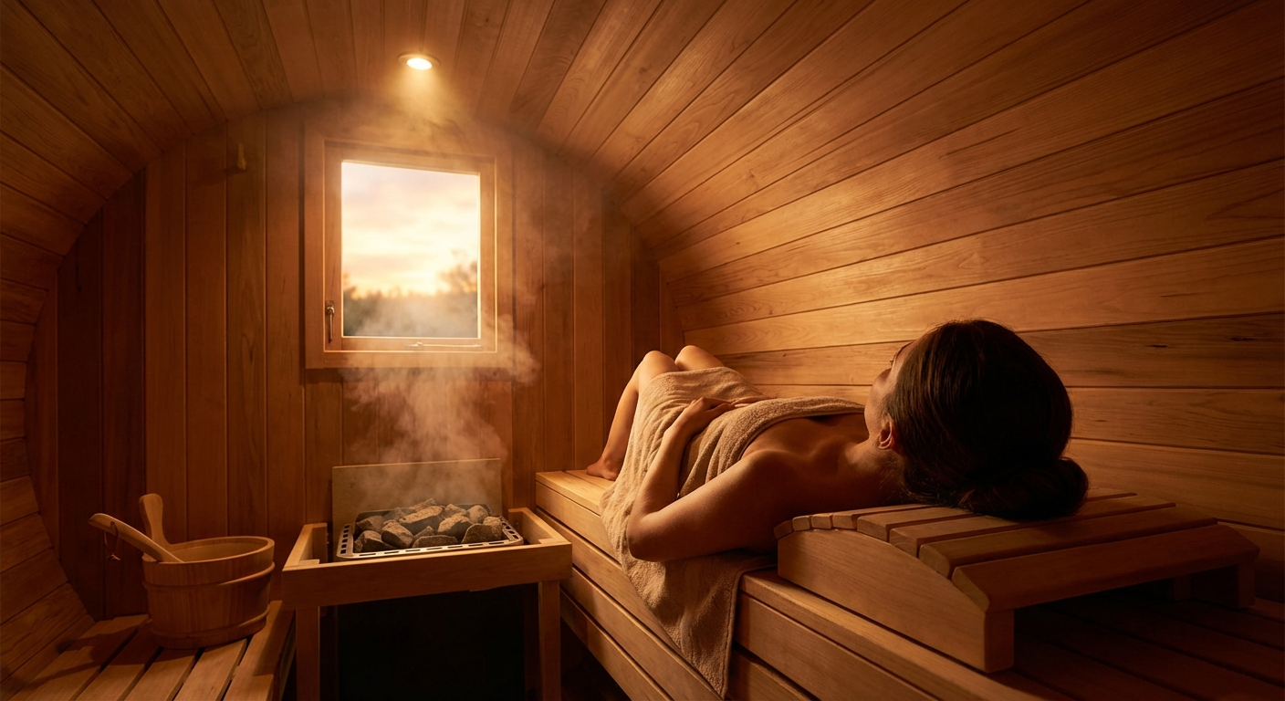 Person relaxing in barrel sauna using a wooden headrest