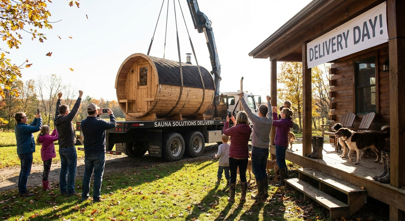 Barrel sauna being delivered on flatbed truck